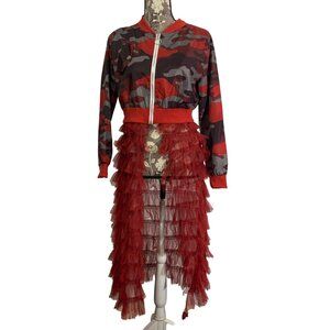 Red Camouflage Lightweight Bomber Jacket Long Ruffled Mesh Open Front SZ Small
